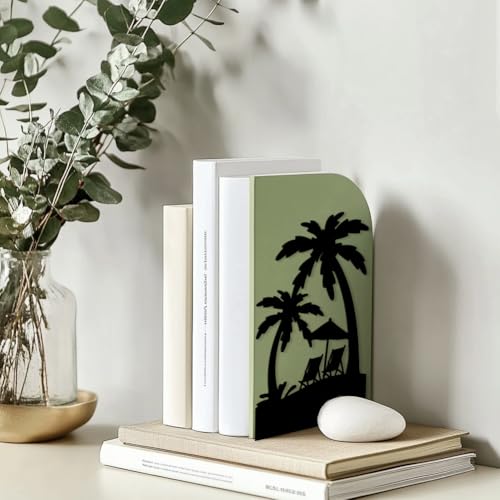 Peacoblue Metal Bookends for Shelves, Modern Decorative Heavy Duty Study Book Support Stoppers for Office, Desk, Shelf, Room 5.3"x4.3"x7.9" Cast Iron Simple Tall Bookends, 1 Pair (Beach and Palm) - style: Beach and Palm