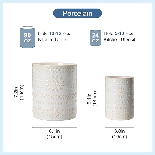 LOVECASA Utensil Holder, 7.2"+5.4" Ceramic Utensil Holder for Countertop, Large Cooking Utensil Crocks for Kitchen Counter, Farmhouse Utensil Vase for Housewarming, Kitchen Decor, Set of 2, Oasis - color: Oasis, size: 7.2"+5.4" (Set of 2)