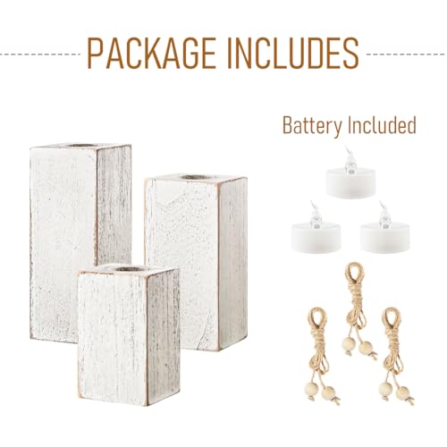 MelonBoat Rustic Flameless LED Candles 3-Pack, Battery Operated Candles with Wooden Candle Holders, White Rustic Farmhouse Decor, Farmhouse Candle Holder for Valentines Holiday Party Home Decor
