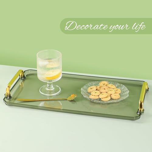 Acrylic Serving Tray with Handles, 16x9 Inch Ottoman Tray, Spill-Proof Coffee Table Tray for Couch, Bedroom & Countertop Decor (Green)