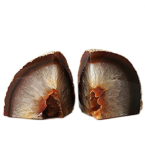 AMOYSTONE Geode Bookends Agate Shelve Decor Crystal Book Ends for Heavy Books Nature Brown with Rubber Bumper(1 Pair, 3-4 LBS) - color: Nature, size: 3-4LBS