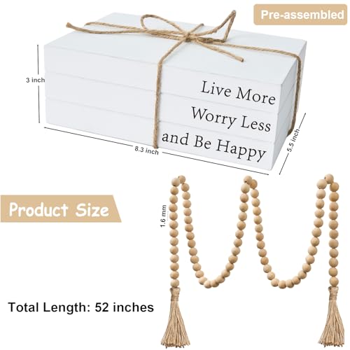 Decorative Books for Home Decor, White Faux Books for Decoration, Rustic Farmhouse Stacked Display Books with 52in Wood Bead Garland for Coffee Tables Living Room, (Happy) - style: Happy