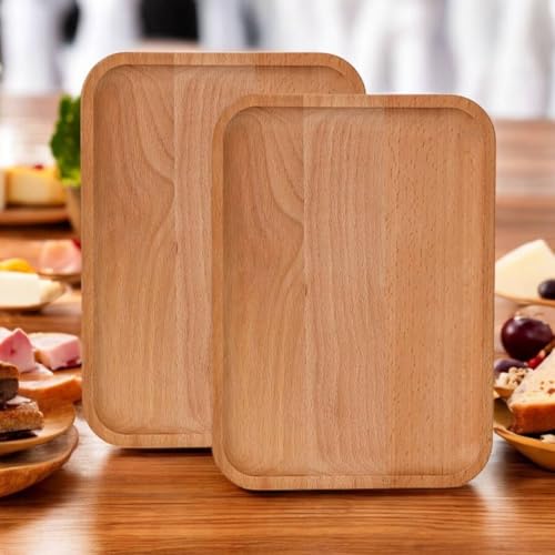 2 Pack Solid Wood Serving Platters and Trays of Natural with Edge,Rectangular Avoid Sliding and Spilling Food (Wood 10x7Inch) - color: Wood 10x7inch