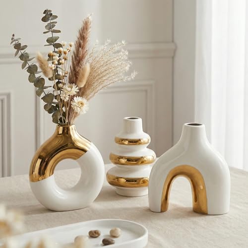 Modern Ceramic Decorative Vase Set of 3 – Minimalist Sculptural Vases for Living Room, Shelf & Table Decor, Nordic Donut Vase Set for Contemporary Home Decor (White and Gold) - color: White and Gold