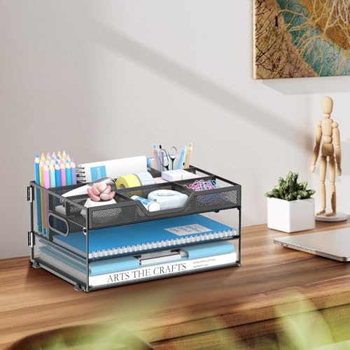 Daltack 3-Tier Desk Organizer with Handle, Mesh Paper Organizer with Pen Holders & Adjustable Compartments & A4/Letter Paper Trays for Home Office Supplies, Black - color: Black With Pen Holders