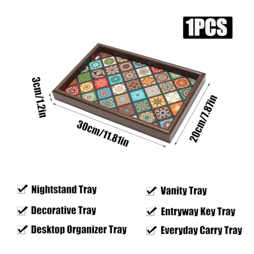 Wooden Valet Tray with Leather Base, EDC Catch All Tray Nightstand Entryway Table Vanity Organizer 11.8x7.9, Boho - color: Boho