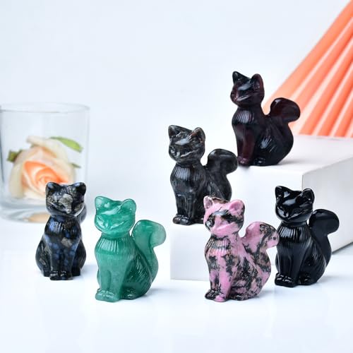 Natural Obsidian Crystal Cat Statue 2.4 Inch - Handmade Healing Sculpture, Lucky Guardian Pocket Statue for Reiki Meditation, Office & Home Decoration Gift - color: Obsidian