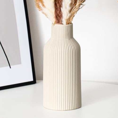 Bohemian Beige Ceramic Vase - for Pampas Grass, Mantel, Bookshelf, Entryway and Living Room Decor (Beige, 7in) - color: Beige, size: 7in