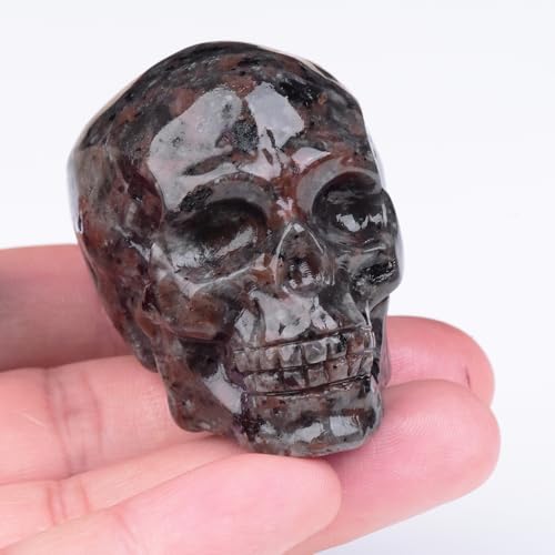2 Inch Flame Yooperlite Stone Crystal Skulls Decor,Human Skull Sculpture Statues Healing Crystal Decor,Halloween Skull Figurines,Home Office Decoration Christmas Meditation Gifts for Men Women - color: Flame Stone