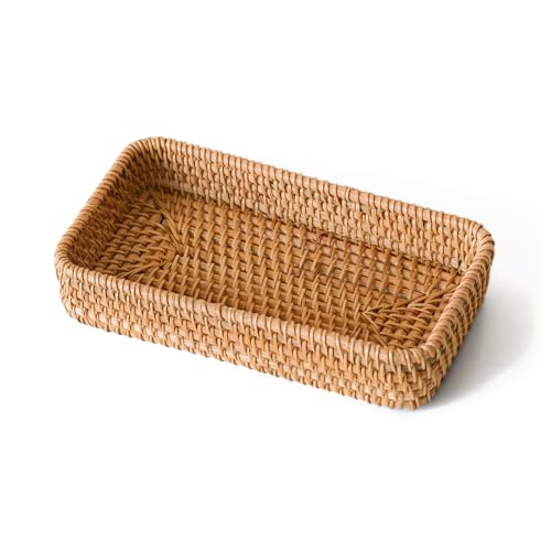 Small Rattan Serving Tray, Natural Wicker Decorative Tray Handwoven for Keys Trinkets Rings Cosmetics, Decorative Jewelry Perfume Tray for Coffee Table Entryway Living Room(8.2" × 4.3") - style: XS (8.2" × 4.3")