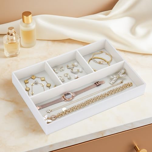 GORESE Faux Leather Valet Tray, Stackable Jewelry Trays for Dresser Table Drawer, Nightstand Organizer for Men Women, EDC Catch All Tray for Trinket, Key, Purse, Sunglass, Watch, Cologne, White - color: Cream White