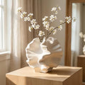 Cedilis Off White Ceramic Flower Vase, 6 Inch Decorative Aesthetic Pampas Grass Textured Vase for Table, Shelf, Mantel, Entryway, Modern Home Decor, Coral-Like