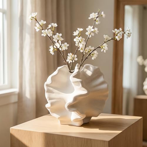Cedilis Off White Ceramic Flower Vase, 6 Inch Decorative Aesthetic Pampas Grass Textured Vase for Table, Shelf, Mantel, Entryway, Modern Home Decor, Coral-Like