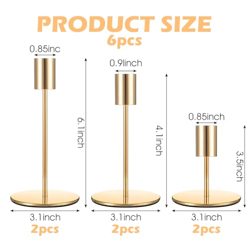 Set of 6 French Gold Taper Candle Holders Candlestick Holders, Decor Candles Stick Candle Holder for Table or Mantel Centerpiece, Wedding, Dinning, Party Home Decor