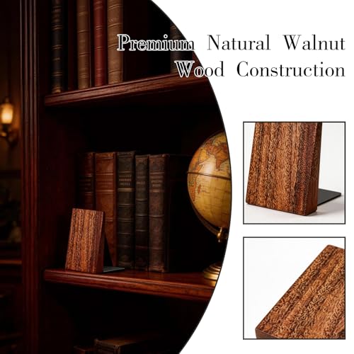 Natural Walnut Wood Bookends for Shelves – Heavy Duty Book Organizer