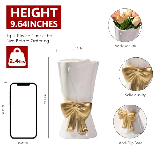 Relexome Fully Glazed White Ceramic Gold Bow Vase 9.64 in Unique Cute Modern Decorative Bouquet Flower Vases for Home Living Room Table Mother's Day Decor Women Gifts - color: White-gold