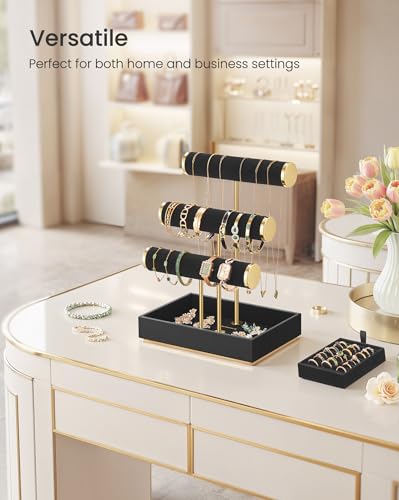 SONGMICS Bracelet Holder Stand, Jewelry Display Stand, Jewelry Organizer, with 3 Tiers and Velvet Tray, Removable Ring Holder, Ink Black UJJS027B01 - color: Ink Black