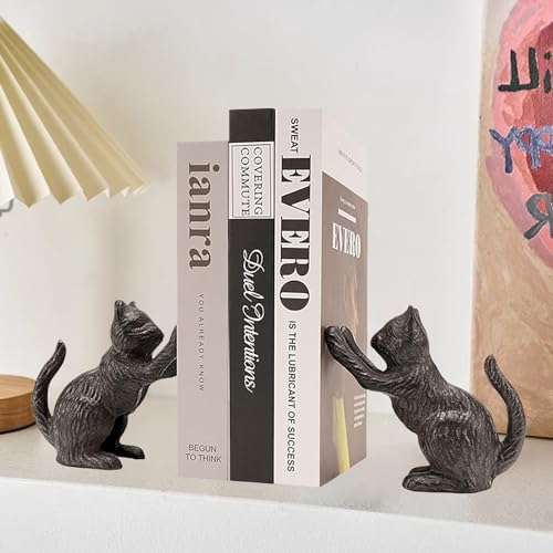 Book Ends for Shelves, Cat Bookends for Heavy Books, Cast Iron Cats Sculptural Bookend Pair with Anti Slip Base Book Stopper for Shelves Books Home Office Vintage Shelf Decor