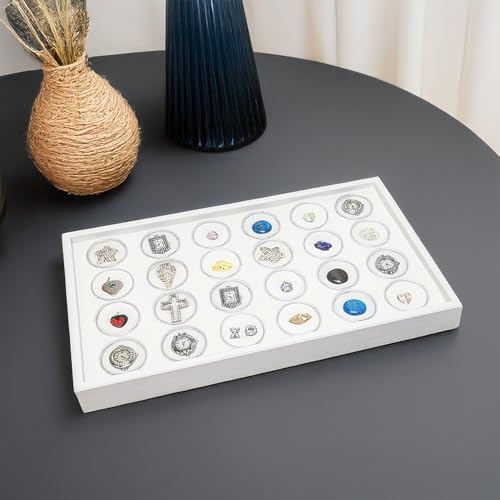 Ikee Design 24 Gem Showcase Stackable Jewelry Display Tray for Collectibles, Rock Storage Box Gemstones Bead Storage Jars, White Foam, White Tray, 14 7/8W x 8 3/8D x 1H in - color: White Foam/White Tray (24 Large Jars)