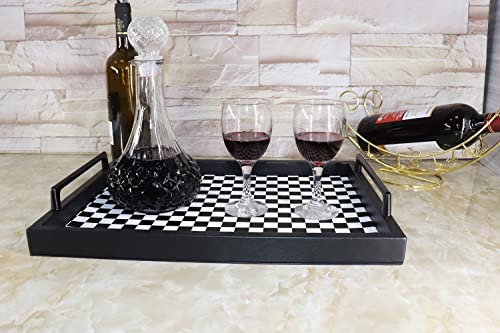 MCBZ Living Room Coffee Table Decorative Tray, Food Service Tray, Leather Ottoman Tray,with Metal Handles 16.5 x 12.6 in (Black and White Grid) - color: Black/White Checkerboard