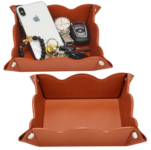 Valet Tray for Men Women 2 Pack - PU Leather Travel Catchall Tray Organizer - Desk Bedside Nightstand Storage Box for Jewelry Key Phone Remote Controller Wallet Watch Glasses Readers -Brown - color: Brown