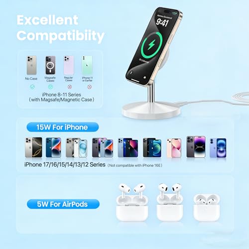 Magnetic Wireless Mag Safe Charger iPhone Stand,Magnet Wireless iPhone Charger Stand 6FT Fast Mag-Safe Charging Station Pad for Apple iPhone 16 Pro Max/16/16 Plus/15 Pro Max/14/13/12,AirPods Pro 2/3/4 - color: White, size: 1 Pack (6FT C-C)