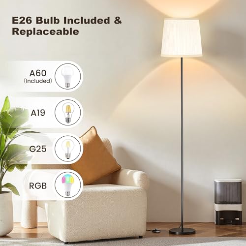 SIBRILLE Floor Lamp with Pleated Shade, 62" LED Dimmable Standing Lamp with Remote & Foot Switch, Color Options, 9W E26 Bulb Included, Modern Reading Light for Living Room Bedroom Office Corner, Black - color: White(pleated)