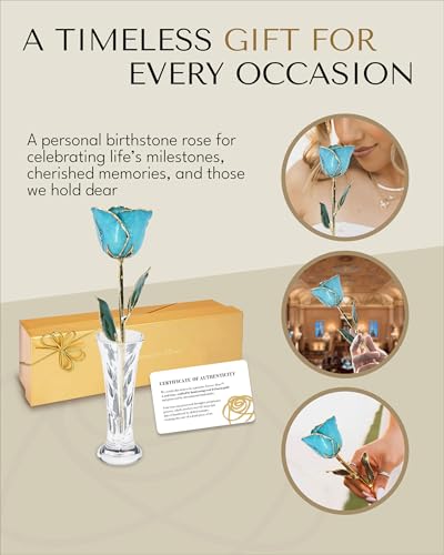Forever Rose Hand-Dipped in 24K Gold, Aquamarine-Inspired March Birthstone with Sparkles, Real Rose in Luxury Gold Gift Box & Clear Glass Bud Vase – Perfect Ready for March Birthday or Any Occasion - color: March Aquamarine Sparkle