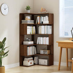 IOTXY 6-Tier L-Shaped Corner Bookshelf - 66" Tall Wooden Freestanding Bookcase with Open Shelf Units, Walnut - color: Walnut