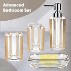 4-Piece Gold Bathroom Accessories Set — Soap Dispenser, Soap Dish, Mouthwash Cup & Toothbrush Holder, Acrylic with Brushed Gold Accent, Luxury Bathroom Vanity Countertop Organizer for Home - color: Gold