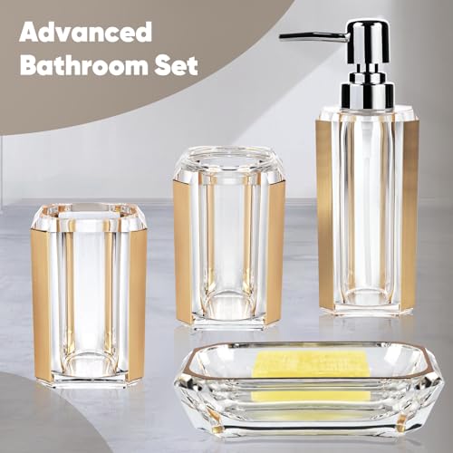 4-Piece Gold Bathroom Accessories Set — Soap Dispenser, Soap Dish, Mouthwash Cup & Toothbrush Holder, Acrylic with Brushed Gold Accent, Luxury Bathroom Vanity Countertop Organizer for Home - color: Gold