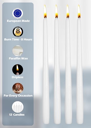 Hyoola 12 Pack Tall Taper Candles - 10 Inch White Dripless, Unscented Dinner Candle - Paraffin Wax with Cotton Wicks - 8 Hour Burn Time - size: 10 inch