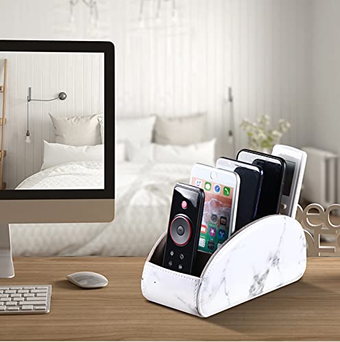 All-in-One Leather White TV Remote Holder with 5 Compartments Nightstand Desktop Media Player Remote Caddy Storage Box Organizer Tray for Mobile Phone Office Stationery - color: Marble White, size: Large
