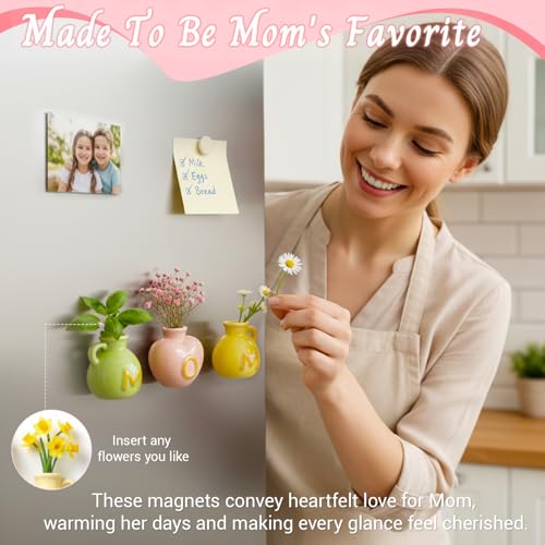 Gifts for Mom, Mini Ceramic Vase Refrigerator Magnets, 3D Cute Fridge Magnets with Artificial Flowers, Message Card and Gift Box, Kitchen& Home Decor, Unique Birthday Gifts for Mom & Women