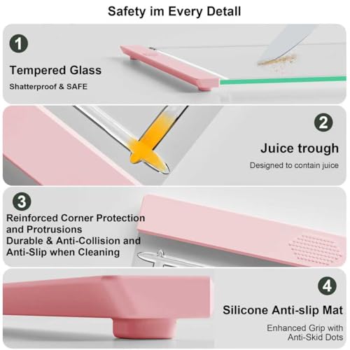Tempered Glass Cutting Board Set for Kitchen Counter - Dishwasher Safe with Juice Grooves, Non-Slip Silicone Edges & Beveled Grip - 16"x12" & 12"x8" Serving Tray - Pink - color: Pink