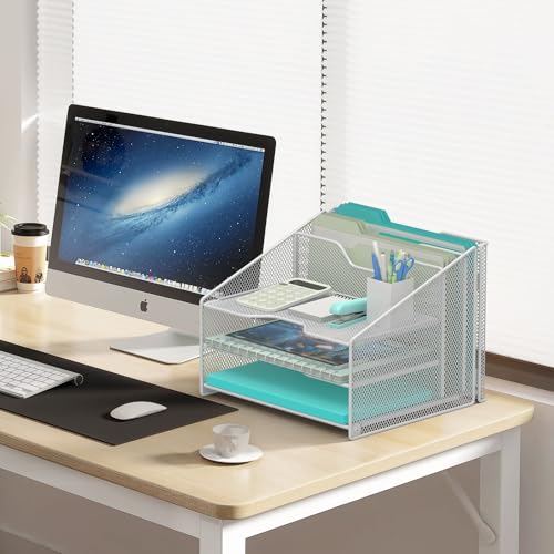 Samstar White Desk File Organizer, Mesh Letter File Folder Holder with 3 Paper Trays and 2 Vertical Upright Section, for Office Supplies, Desk Accessories & Workspace, White - color: 1 Pack White