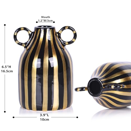 Ceramic Black and Gold Hand-Painted Striped Decorative Vase for Modern Bohemian Pampas Grass Decoration, Dining Table Centerpiece, Tabletop, Living Room, Home Decor Aesthetics (C) - color: Black Gold