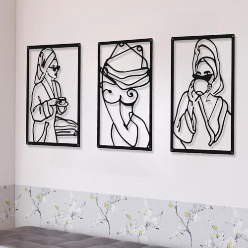 CHENGU 3 Pieces Metal Minimalist Abstract Woman Wall Art Line Drawing Wall Art Decor Single Line Female Home Hanging for Kitchen Bathroom Living Room - style: Bath Style