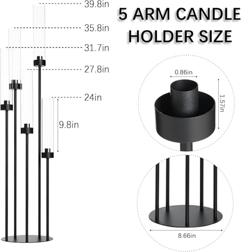 39.8''Matte Black Candle Holder with Acrylic Shades Tall 5 Arm Candelabra Black Table Centerpiece 6PCS for Wedding Living Dining Room Fireplace Decoration Fit 0.98''LED Taper Candle - color: Black, size: 6pcs