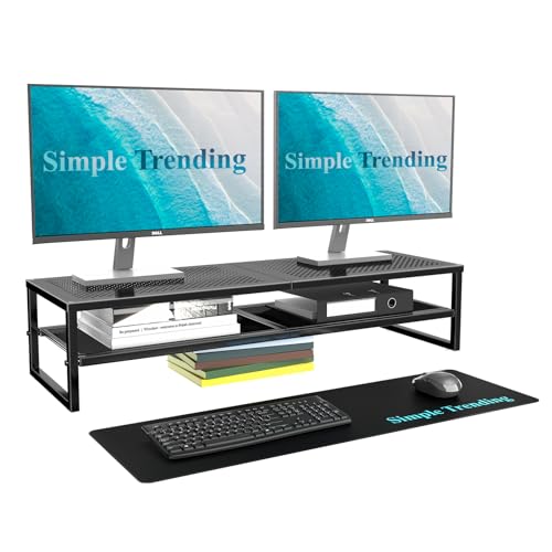 Simple Trending 2 Tier Metal Dual Monitor Stand Riser with 32"x10" Mouse Pad, Computer Desk Organizer for 2 Monitors, Laptop, Printer, TV, Black - color: Black, size: 32"L x 10"W x 7"H