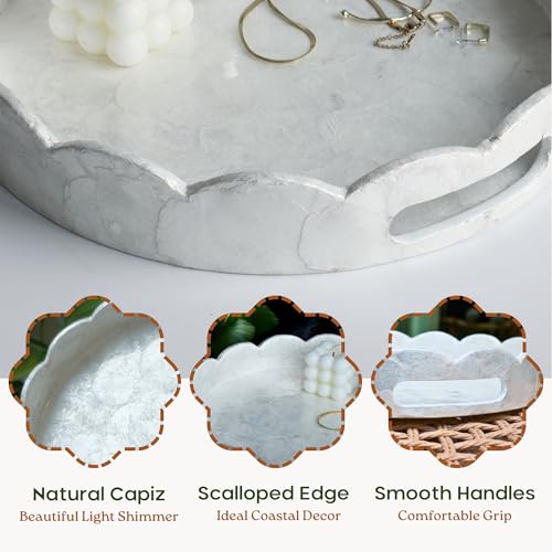 Chi An Home 12.6” White Capiz Shell Round Decorative Tray with Handles, Scalloped Centerpiece for Coffee Table, Decorative Round Tray for Modern Coastal Boho Home Decor