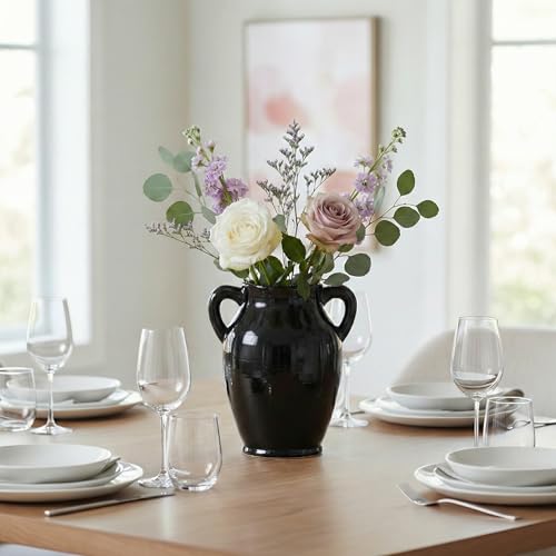 Sunddo Black Ceramic Vase - 8 Inch Modern Decorative Vase with 2 Handles, Black Centerpiece for Home Decor, Living Room, Kitchen Table, Mantle Fireplace, Bathroom Decor - color: Black - 8, size: 8 Inch