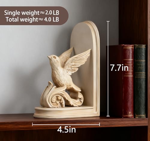 2PCS Vintage Bookends White Bird Decorative Bookends Resin Bookends for Rooms Decorative Book Ends for Heavy Books Antique Bookend (Retro White Bird) - color: Retro White