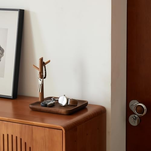 Black Walnut Solid Wood Key Dish Bowl for Entryway Table Square Tray With 3 Hooks, Open Storage for Keys, Wallet, Jewelry (Walnut, Square) - color: Walnut, size: Square