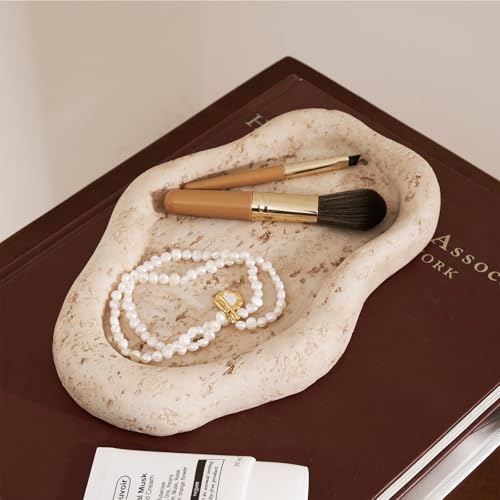 Cloud-Shaped Resin Jewelry Tray, Beige Travertine Vanity Tray for Bathroom Countertop, Trinket Candle Dish, Perfume Holder, Decorative Ottoman Tray for Home Decor Coffee Table Dresser - style: Cloud shaped