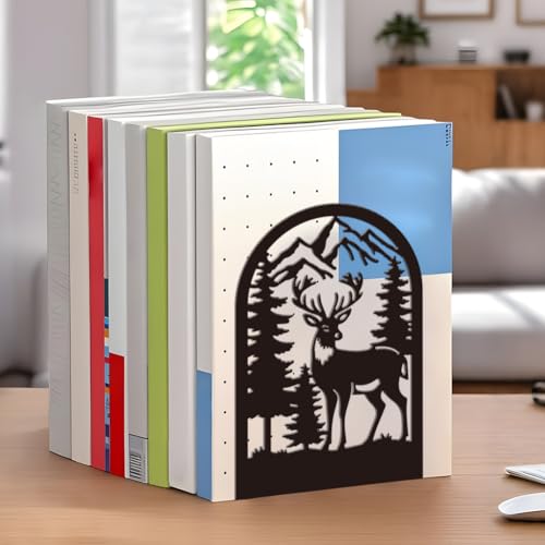 WADORN 1 Pair Forest Deer Metal Bookends for Shelves Decorative, Rustic Mountain Forest Heavy Duty Metal Decorative Book Ends Non-Skid Black L-Shaped Book Stopper for Library Home, 5.3x4.3x7.9 Inch
