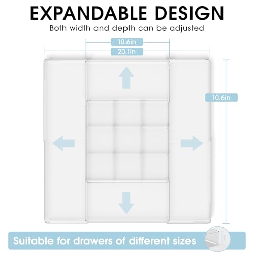 MIUOPUR Expandable Drawer Organizer, Width (10.6"-20.1") Depth (11"-20.1"), Clear Makeup Drawer Organizer with 6 Removable Dividers, Silverware Organizer, Great for kitchen and Bathroom Drawers - color: Clear