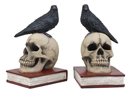Ebros Edgar Allan Poe Harbinger of Doom and Bad Omens Raven Crow Perching On Skull with Ancient Book Pair of Bookends Statue 7.5" Tall Bibliography Gothic Macabre Ossuary Figurine As Halloween Decor