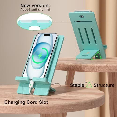 Pezin & Hulin Bamboo Cell Phone Stand, Adjustable Wood Charging Dock Holder, Portable Desktop Phone Rack, Compatible with All Phone -Slim Version(Teal) - color: Slim (Teal)