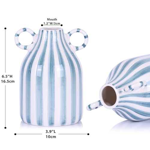 Ceramic Green and White Striped Vase, Hand-Painted Modern Minimalist Bohemian Decor, Central Dining Table, Kitchen Tabletop, Bookshelf, Bedroom Aesthetic Decoration (White Green) - color: White Green